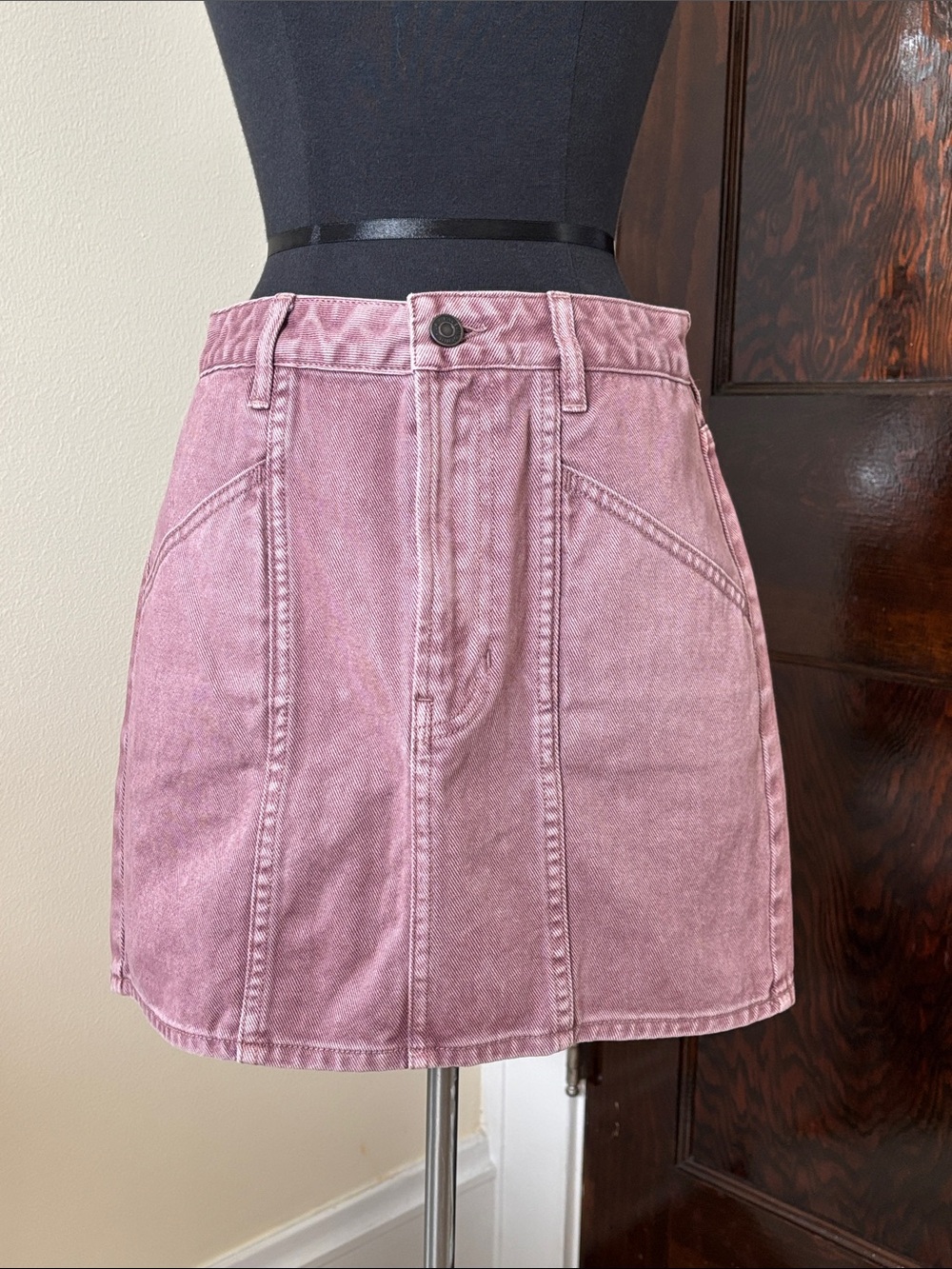 Women’s Washed Pink Denim Mini Skirt Pinkish Purple Faded Light-Washed Cotton